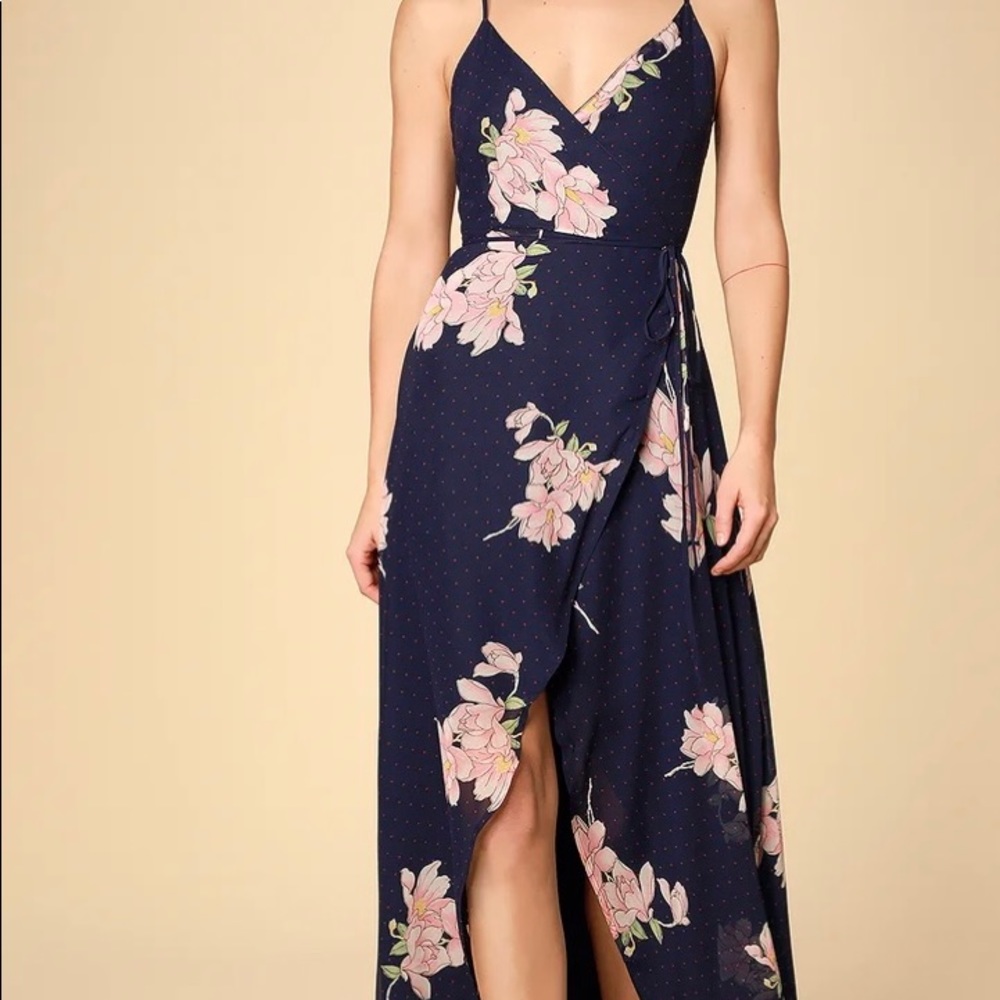 Lulu’s Navy Floral Polka Dot Wrap maxi Dress